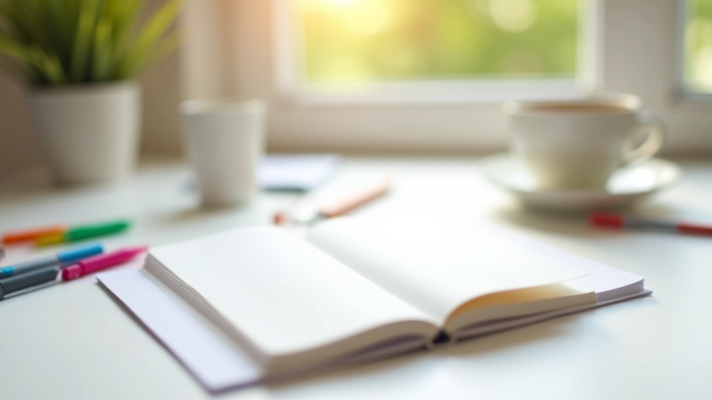 Notizbuch mit strukturierten Notizen, farbige Marker daneben, auf heller Holzoberfläche, Morgenszene