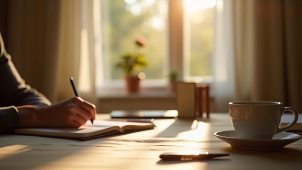 Ruhige Morgenroutine mit Tageslicht und Kaffee auf dem Schreibtisch