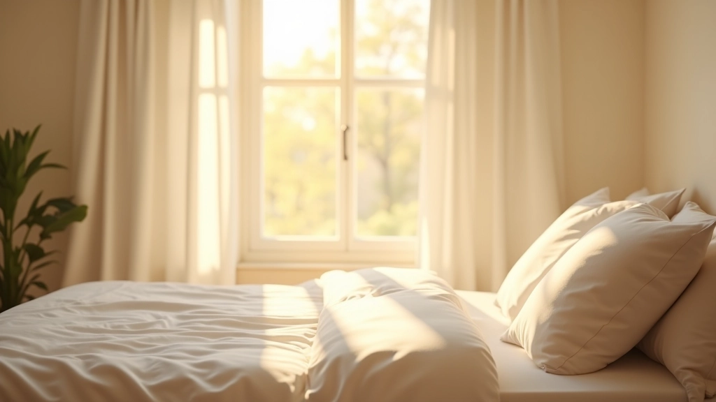 Morgenlicht fällt durch ein Fenster in einen ruhigen Schlafzimmerraum mit gemachtem Bett