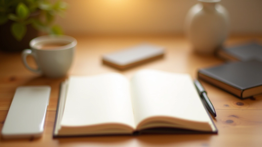 Tagesplanung mit Notizbuch, Stift und Tasse Kaffee auf Schreibtisch, strukturierter Arbeitsbereich