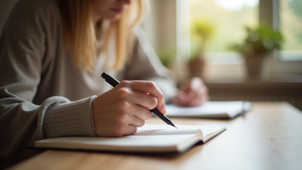 Person schreibt konzentriert in Tagebuch, Hände sichtbar mit Stift über Seite, natürliche Beleuchtung