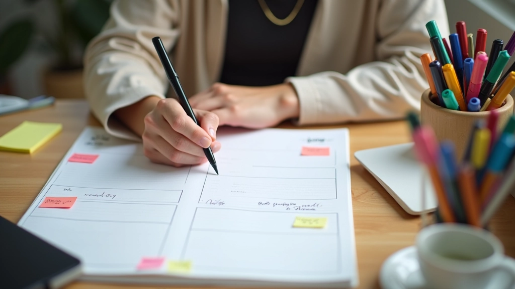 Wochenplaner auf Schreibtisch mit bunten Markern