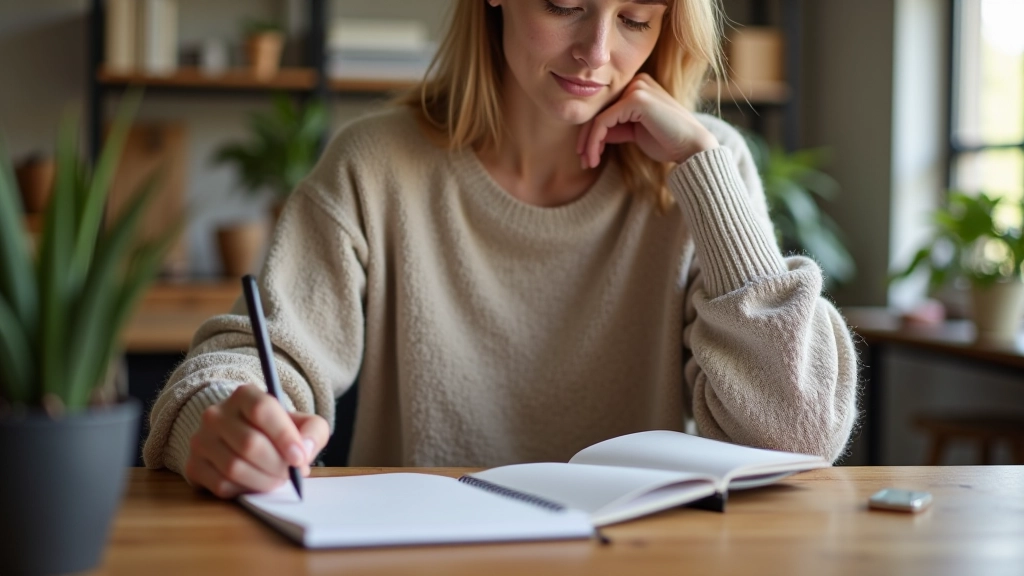 Person sitzt am Schreibtisch mit Tagebuch, natürliches Licht von links, konzentrierter Blick auf die Seite